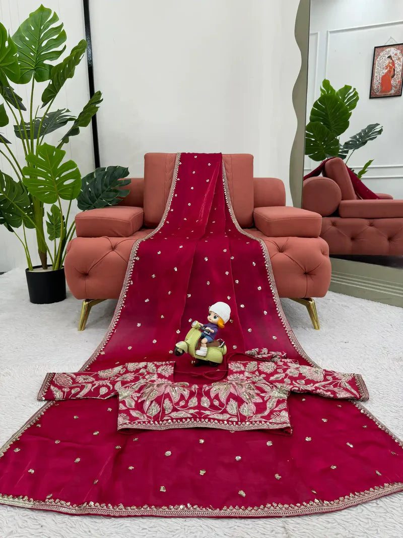 Rani Pink Shimmery Tissue Designer Saree