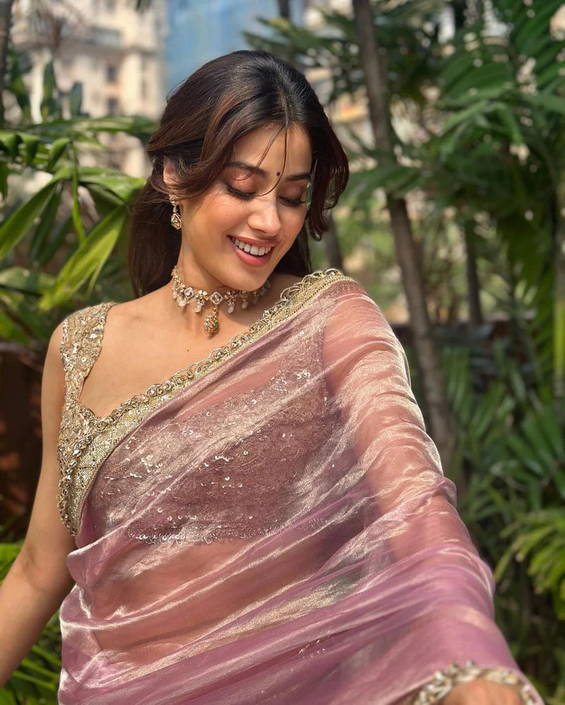 Janhvi Kapoor Inspired Pink Tissue Silk Saree