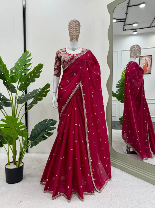 Rani Pink Shimmery Tissue Designer Saree