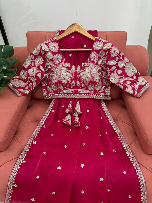 Rani Pink Shimmery Tissue Designer Saree