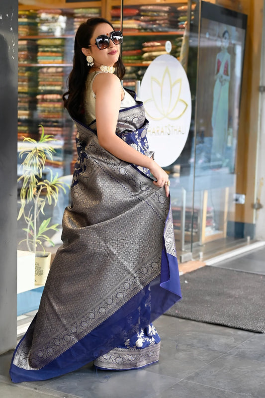 Royal Blue Silk Woven Banarasi Silk Saree With Meena Work and Gold Zari