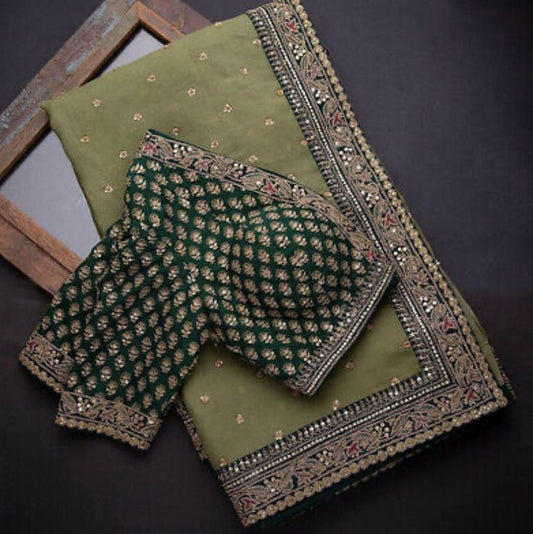 Green and Work Saree With Blouse Super Sale