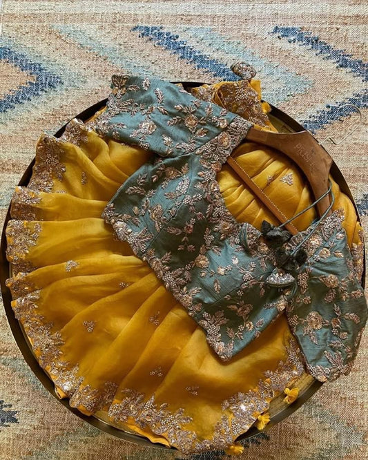 Yellow and art Saree With Free Size Blouse