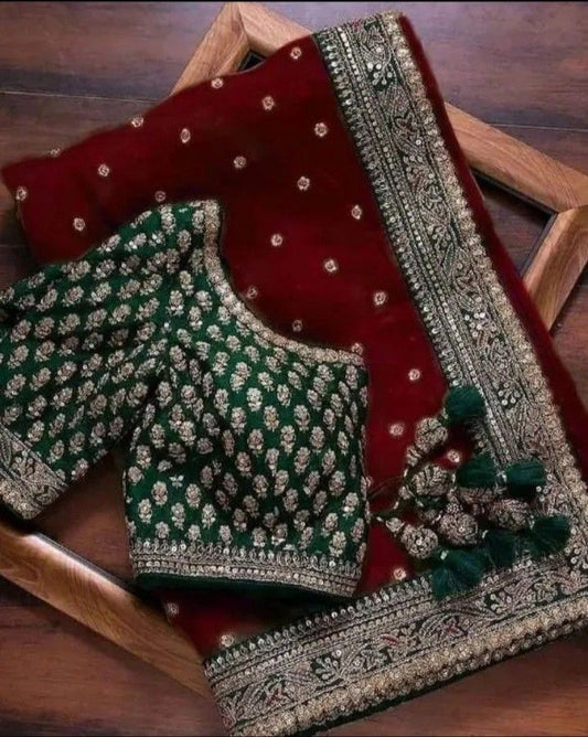 Red And Super Sale Saree With Work Blouse Free