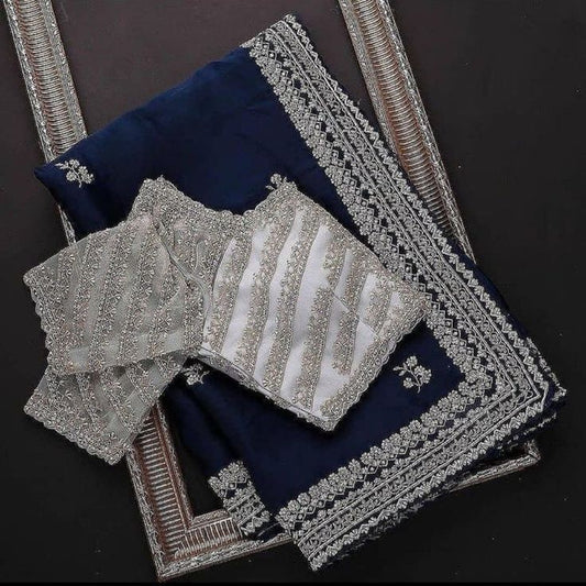Blue and Kanch work Saree With Heavy Blouse